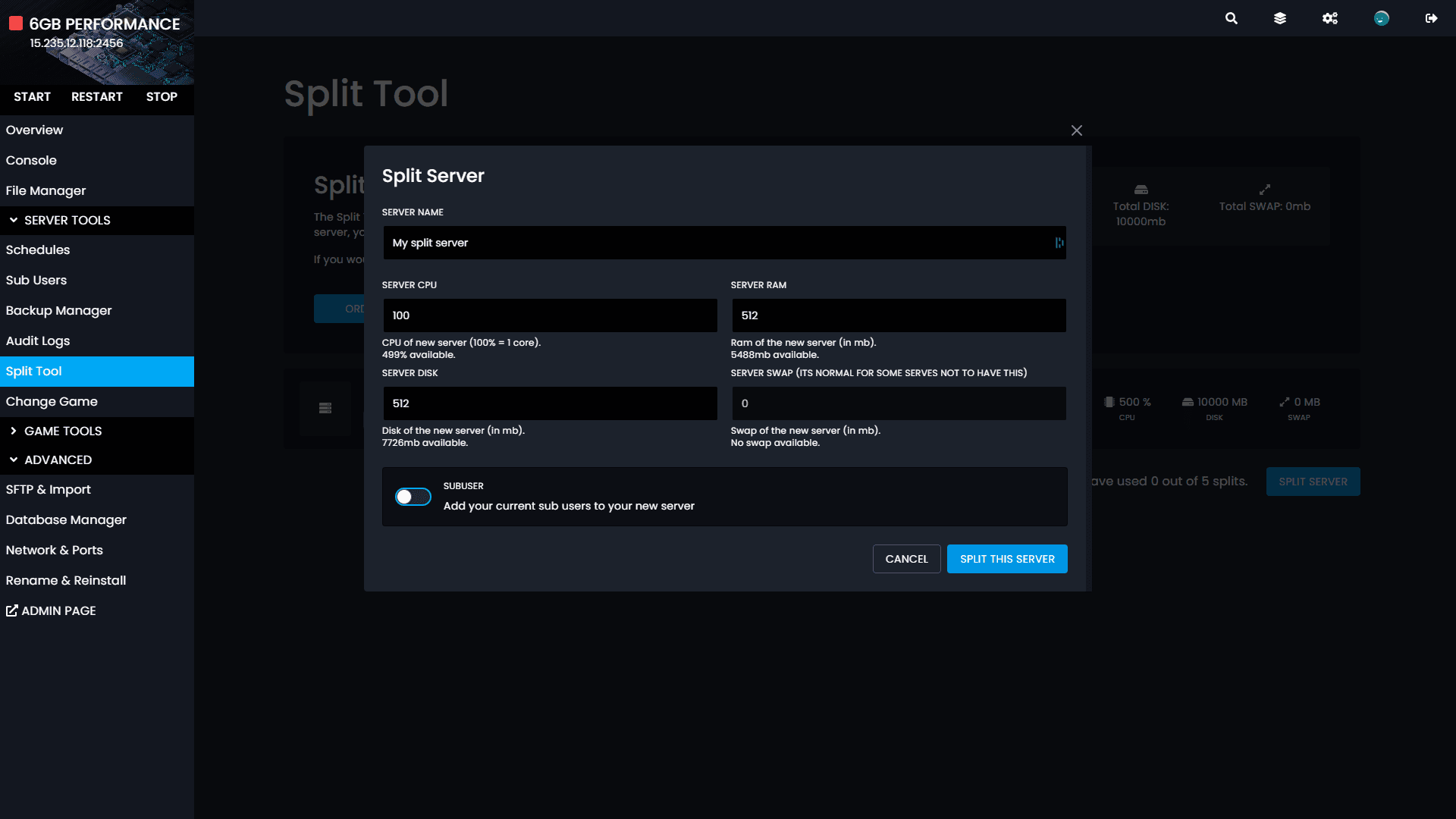 Split Tool Page